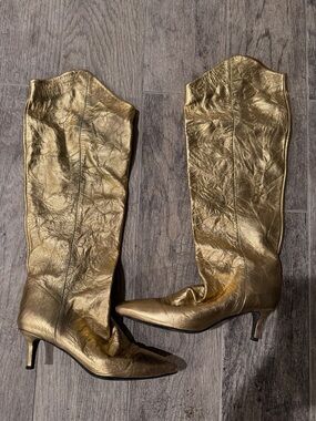 Free People Metallic Gold Pointed-Toe Stiletto Boots